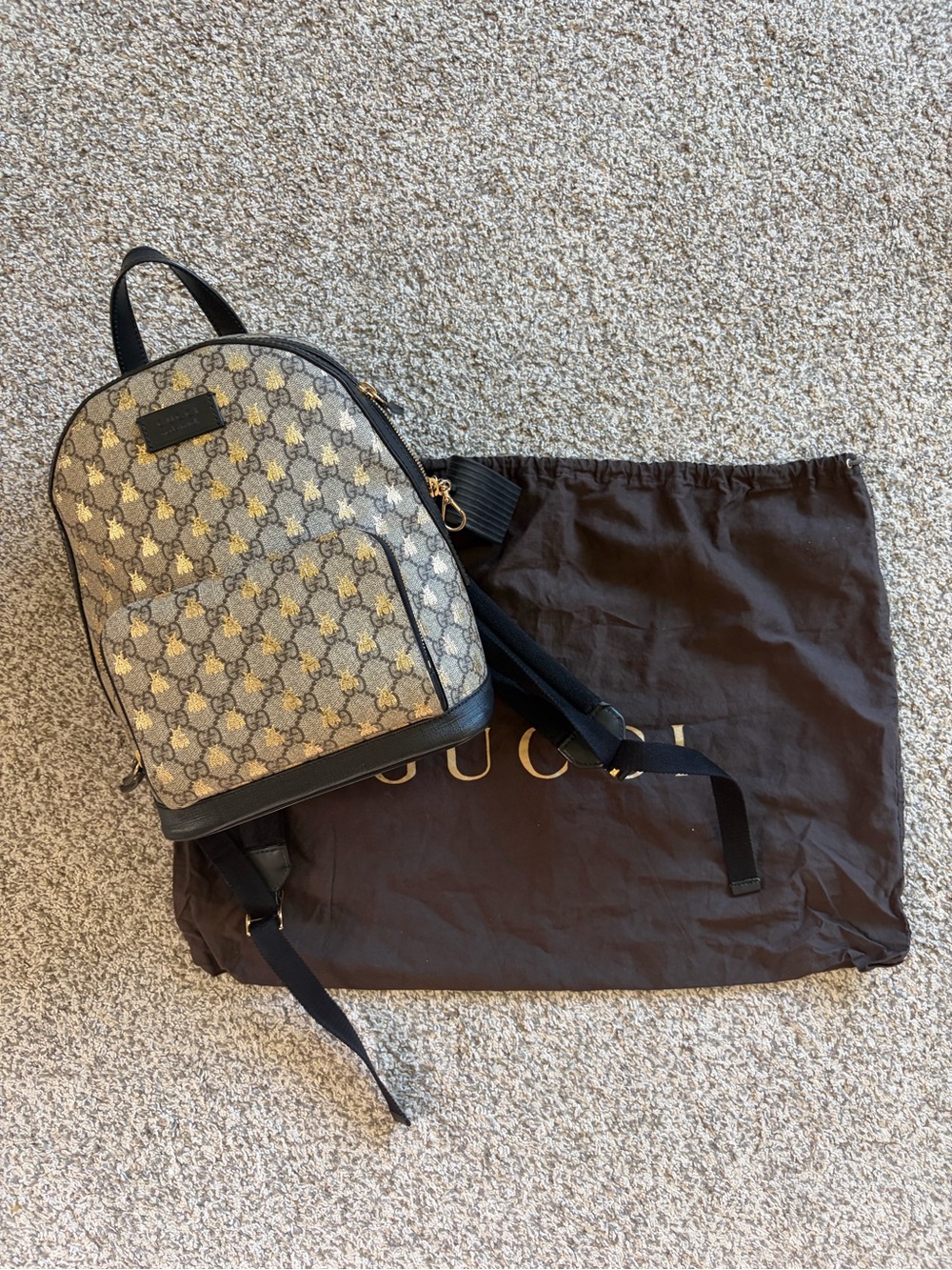 Gucci Beige Brown GG Supreme Bee Print Mini Backpack with Black Trim